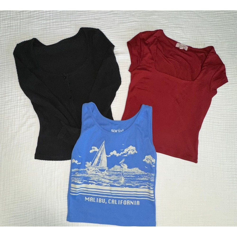 Tops Bundle: Dazy Black Ribbed Long Sleeve + Red Top‎ + Social Scene Tank